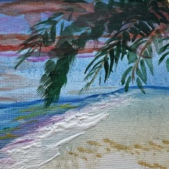 Original Signed Tropical Beach Sunset Painting Palm Tree Coastal Art Gold Frame