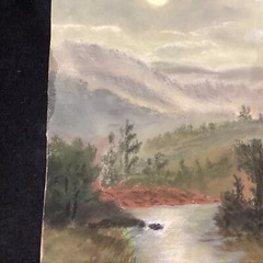 Antique Pastel Painting Mountain Landscape Moonlit Full Moon Hudson River School