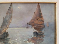 Old Italian Night Marine Scene with Sailboats Original 30’s Oil Painting signed