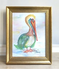 Colorful Pelican watercolor print of a painting framed, has a stand & hinge