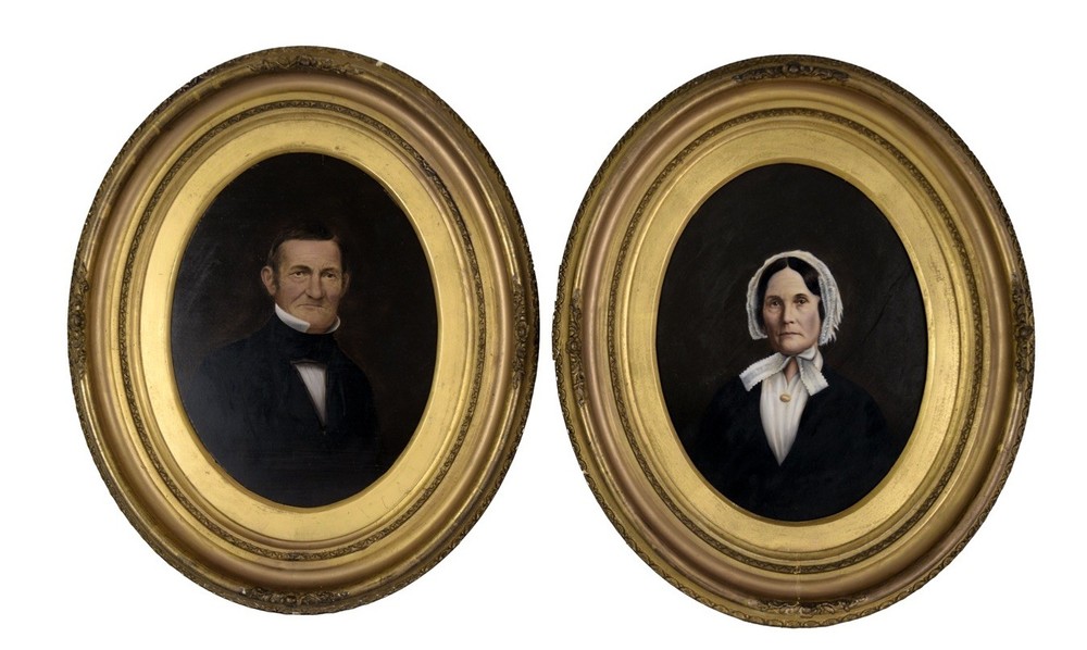 Portraits of Man and Woman 1850-1860 Original Oil on Paper By Henry Bryan Hall