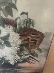 Large Antique Oil Painting of Pink and White Lilacs 1890s Framed