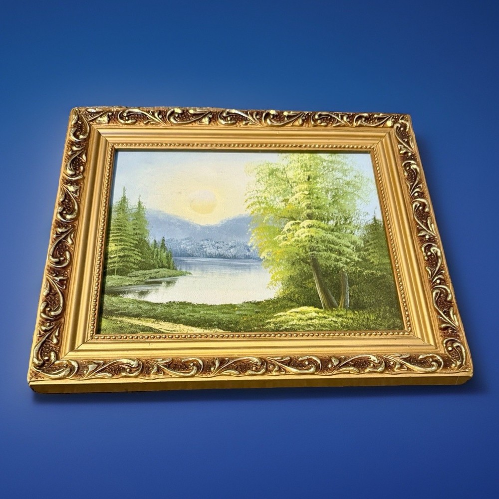 70s Vintage Nature Oil Painting Framed Rustic Cabin Cottagecore Lake Wall Art