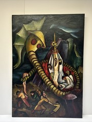 Antique Wpa Painting Holocaust WW2 Tank Large Expressionist Sylvia Ludins 1940’s