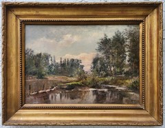 FRENCH BARBIZON Oil ~ RIVER LANDSCAPE w/COWS ~ c1880s Listed NINETEENTH CENTURY
