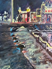 Winter City Night Painting, Holiday Lights Cityscape, Handmade, Signed by Artist