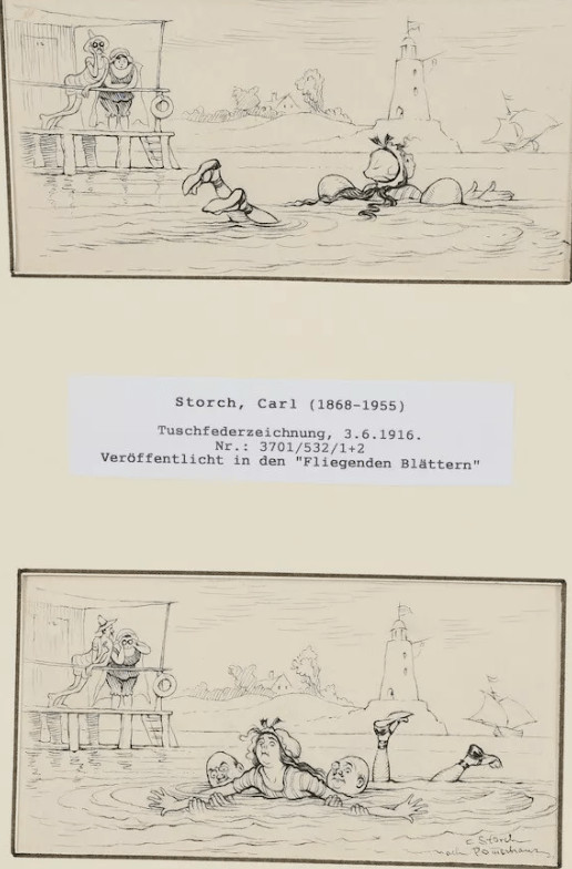Swimming lesson | Pen drawing by Carl Storch, Fliegende Blätter