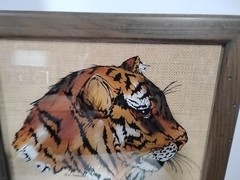 Vintage Art Reverse Glass Painting Of Tigers Head Frame 16”x14” Signed By Artist