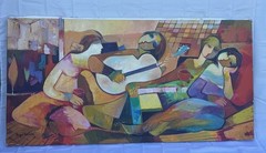 Angel Hernandez Signed Large Abstract Musician Painting on Canvas 59 x 29.5 in