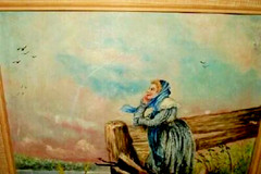 1900s Oil Painting French Peasant Lady Lake Boat Birds Textured Frame Nailheads