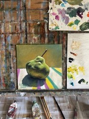 Oil Painting, Wall Art, Still Life, Art For Kitchen, Gift, Green Pear, 20x20cm