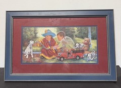 HOME INTERIORS PICTURE GUARDIAN ANGEL FIRE FIGHTER, BOY,FIRE TRUCK, DALMATIANS