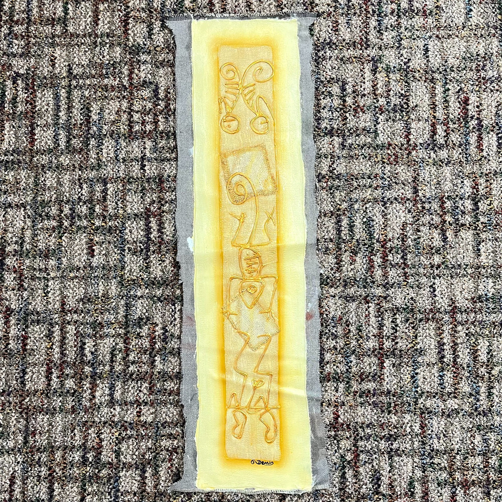 Vintage Haitian Yellow Gold Textile Painting On Fabric Signed Tapestry Haiti