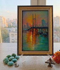 Bridge Original Oil Painting 4×6 Framed Signed Cityscape Sunset River Harbor Art