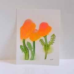 Marigold Coneflowers Gouache Flower Painting 100% Cotton Paper 7.7 x 6″ Neon