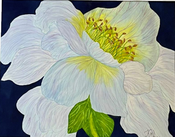 PAINTING WATERCOLOR 11X14 AND MAT 16X20 FLOWER PEONY BLUE LAVENDER ORIGINAL ART