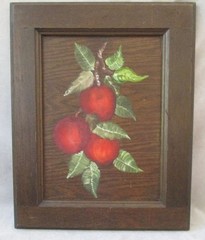Vintage Original Folk Art Still Life Oil Painting of Peaches on Wood Panel 12×15