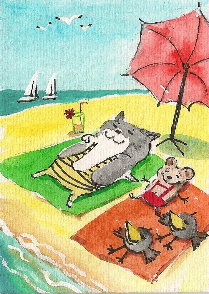 PRINT OF ACEO PAINTING RYTA TUXEDO CAT MOUSE CROW BEACH SEASCAPE Vacation Art 🙂