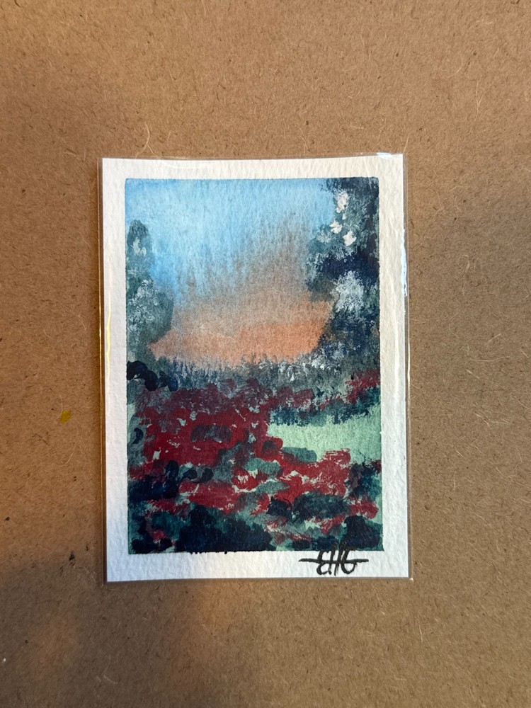 ACEO Original Watercolor Painting Impressionist Red Poppy Field Landscape Signed