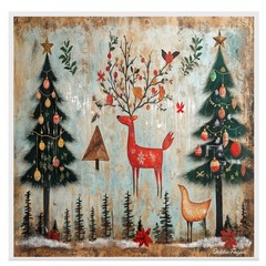 Rustic Christmas Art with Red Reindeer Flat Rolled, Framed or Wrapped Canvas