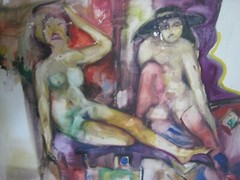 Mid century Modernist Painting O/C TWO WOMEN FRAMED 22.5 X 21.5 IN.