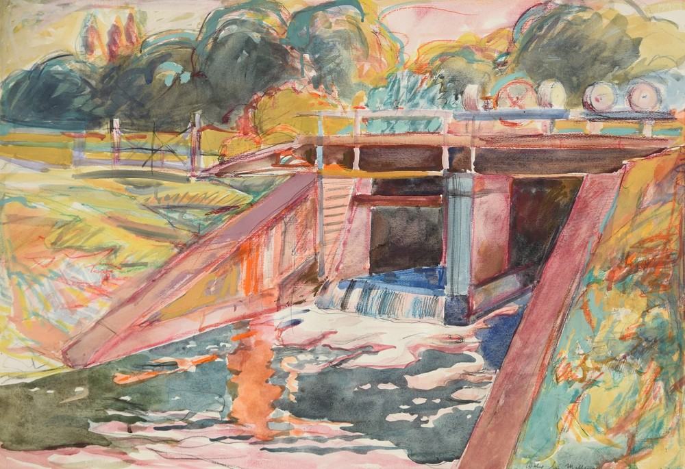 Peter Berndt 1937-2021 Berlin/watercolor 1996 „Weir near Mellensee“ Brandenburg