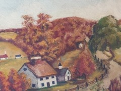 AGM Signed Mid Century Framed Landscape Oil Painting Farm Countryside Houses