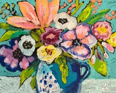 Original Floral Oil Painting 11×14 Signed Blue Pitcher Flowers Still Life