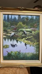 Original Art Painting Canvas Framed Bird Water Naturescape Heron Crane Signed