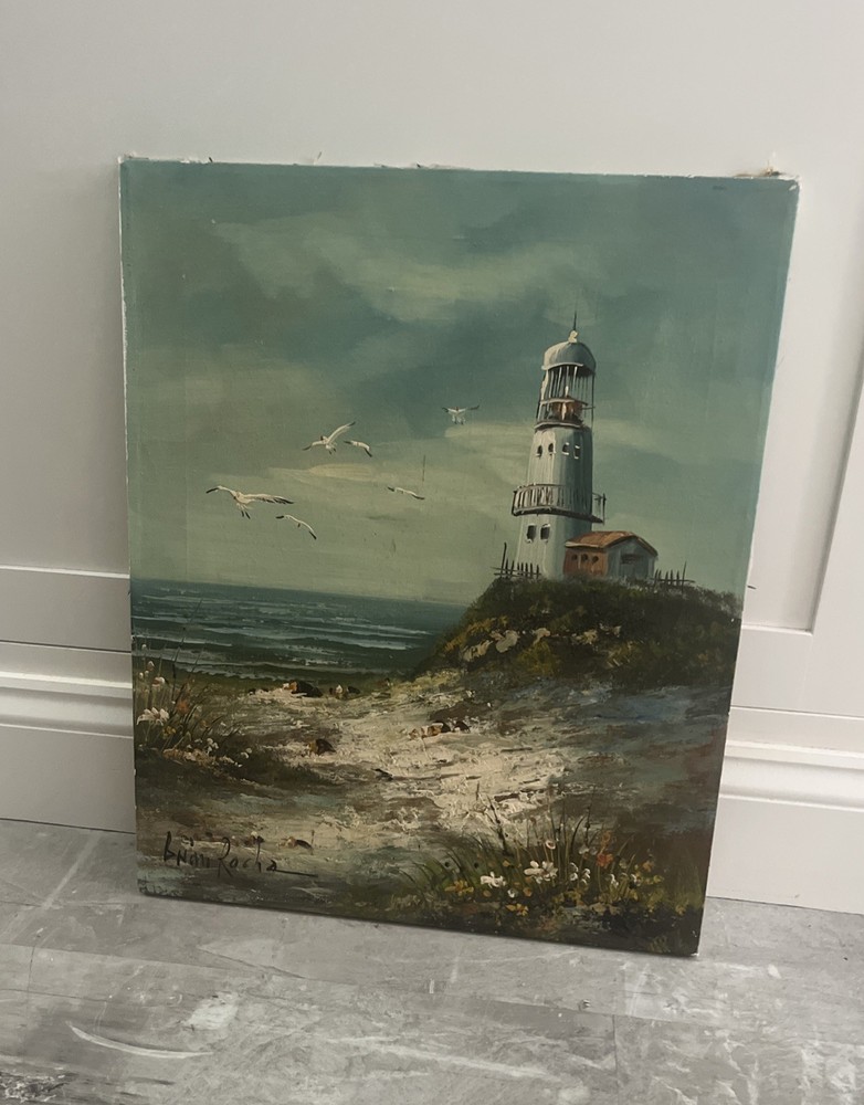 Vintage Canvas Brian Roche Seascape Lighthouse Coastal Original Oil Painting