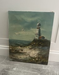 Vintage Canvas Brian Roche Seascape Lighthouse Coastal Original Oil Painting