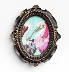 Spoonbill mini watercolor bird print of original painting • vintage ornate frame