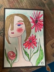 ACEO watercolor art by PJ, art card 2.5 x 3.5: lady and flowers.