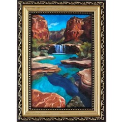 Original Oil Painting Grand Canyon Landscape Waterfall 4×6 Framed