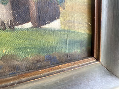 Oil Painting Houses At Sea Coast Monogram Antique Frame Nature Landscape Acre