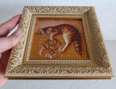 Sweet Sleeping Ginger Cat Framed Original Oil Painting 4×4 in