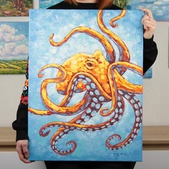 Art Octopus Painting Oil Canvas Wall Sea Ocean Oils Decor Original oil Bathroom