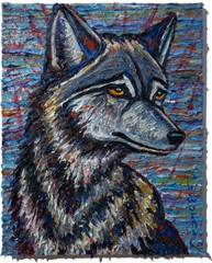 DOG WOLF PUPPY OIL█PAINTING animal ART█SIGNED VINTAGE ORIGINAL█EXPRESSIONIST POP
