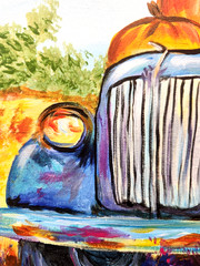 Blue Pumpkin Truck Painting 16×20 Original Fall Farmhouse Art by M Isaksen