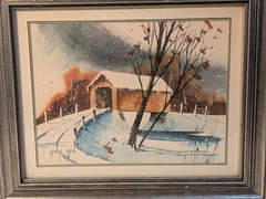 Vtg Watercolor Painting By George Sperl Covered Bridge Rural Indiana Landscape.