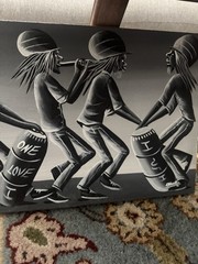 Hand Painted Rastafarian Drum Art Canvas One Love I & I Black White 18” x 13”