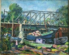 „Boatyard“ with People on Bridge 16 x 19 1/4″ Oil Painting-1940s/50s-Louis Bosa