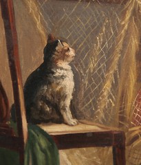 Antique Possibly American Vermeer Inspired Mother Daughter and Cat Genre Scene