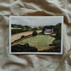 Original Watercolor Landscape Painting Cottage Countryside Rural Farmhouse Art