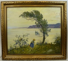 (B1567) Oil Painting „Girl at Summer Bay“ Friedrich Krause East