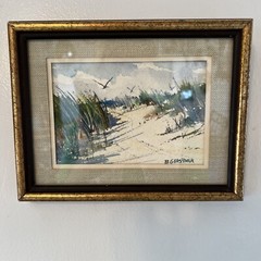 Signed Bernard Gerstner Small Original Painting of Sand Dunes, Dune Grass Birds
