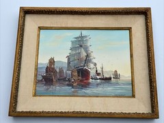 FRANK HAMILTON PAINTING THE STAR OF INDIA IN HONG KONG SHIP NAUTICAL MARINA BOAT