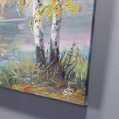Autumn River Birch Trees Landscape Oil Painting Original Wall Art Canvas 8×8 in.