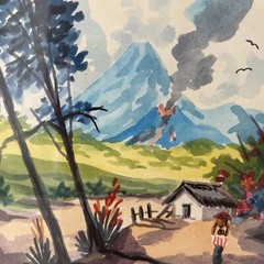 Pair small Vintage South America Island Landscape Watercolor Paintings Signed