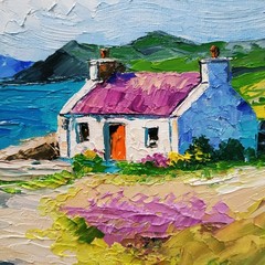 Ireland Original Painting Irish Cottage Blooming Heather Oil Painting Unframed